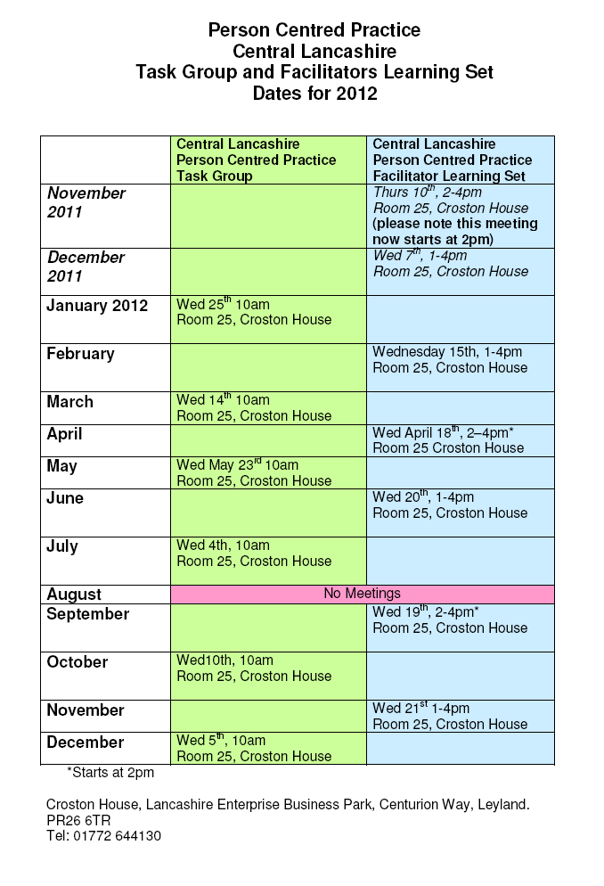 Dates for the Central Lancashire Person Centred Planning Task Group and Facilitators Learning Set